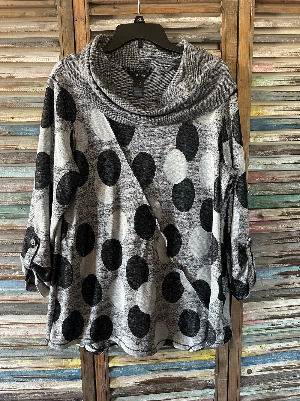 Ali Miles Gray Polka Dot Knit Top XL Cowl Neck Flowy
